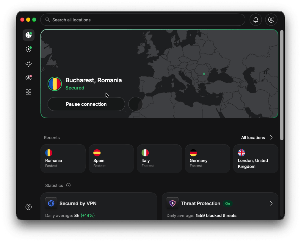 Aplicația NordVPN conectată la un server din România, status conectat