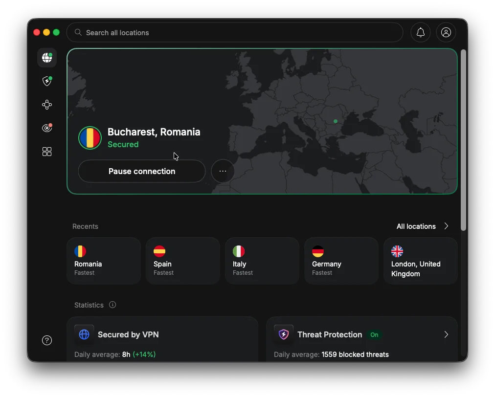 Aplicația NordVPN conectată la un server din România, conexiune activă