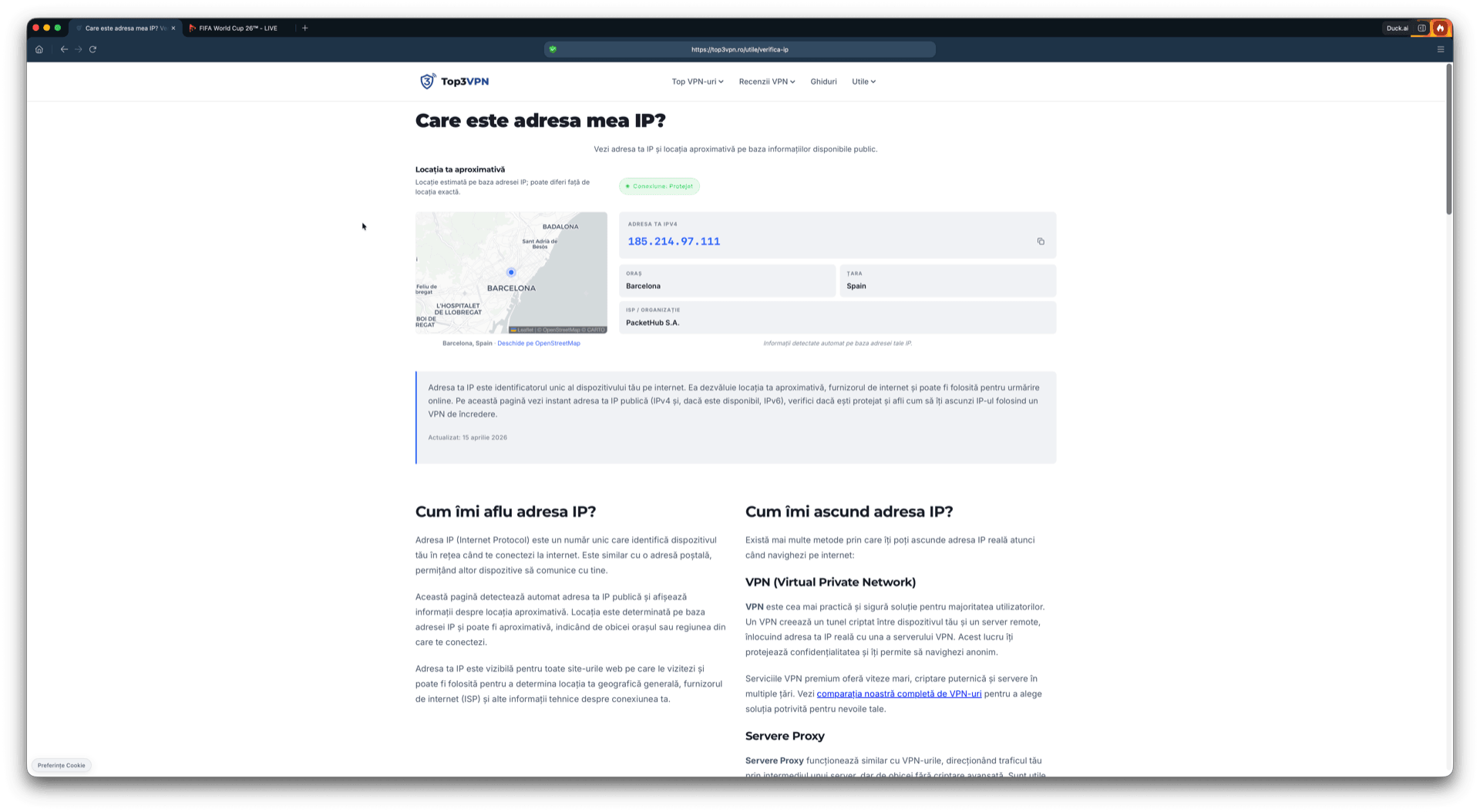 Verificare adresă IP care confirmă o locație din Spania în timpul testului
