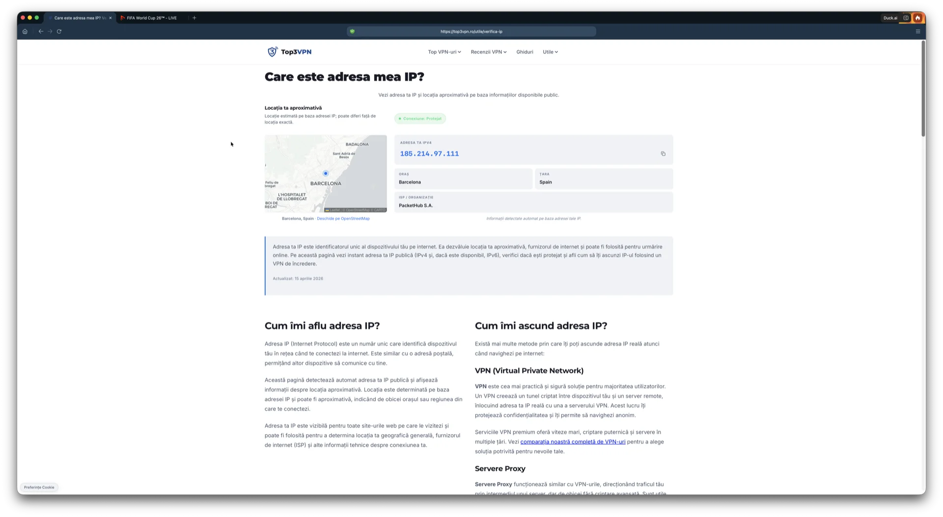 Verificare adresă IP care confirmă o locație din Spania în timpul testului