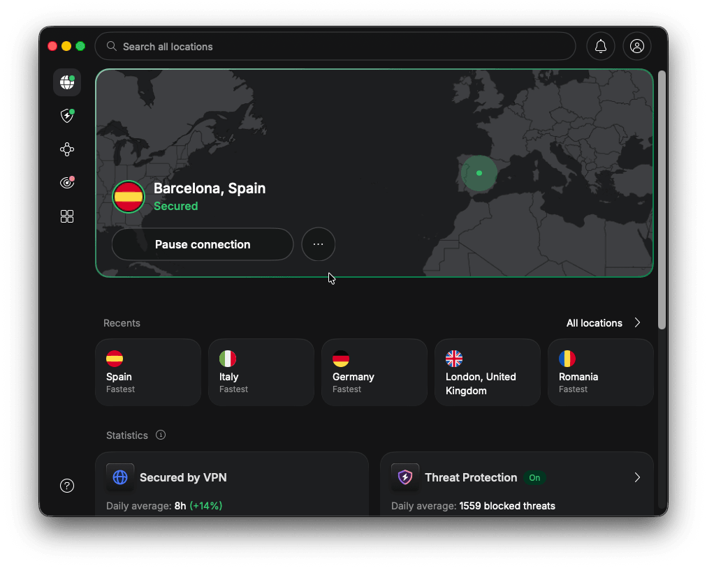 Aplicația NordVPN conectată la un server din Spania, status conectat