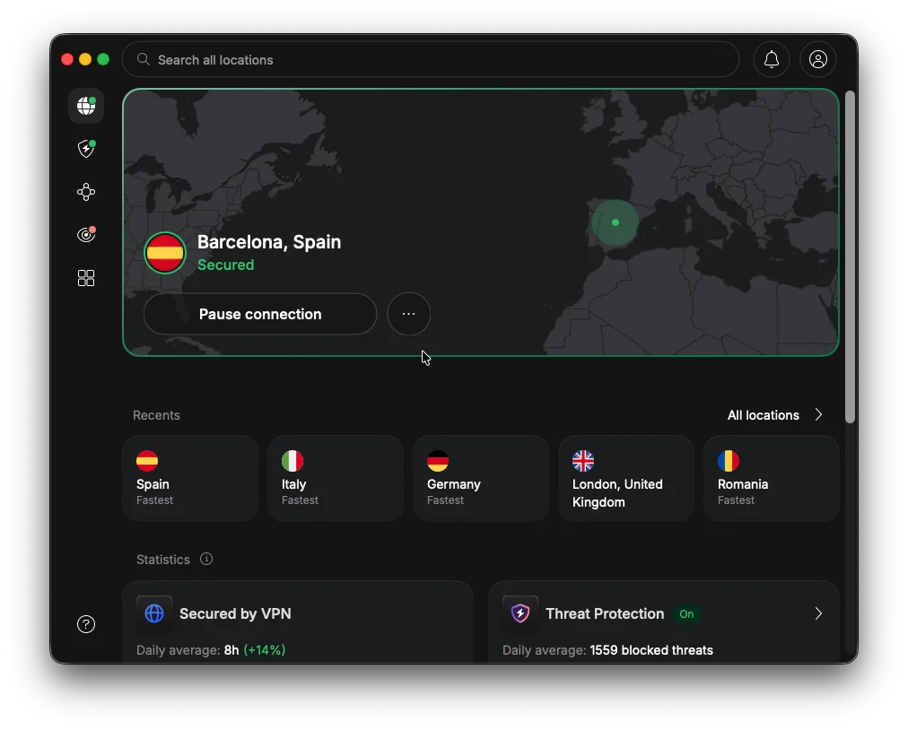 Aplicația NordVPN conectată la un server din Spania, conexiune activă