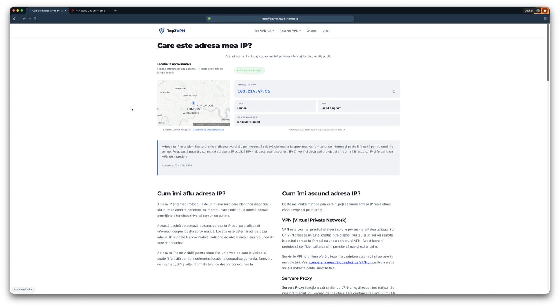 Verificare adresă IP care confirmă o locație din Marea Britanie în timpul testului