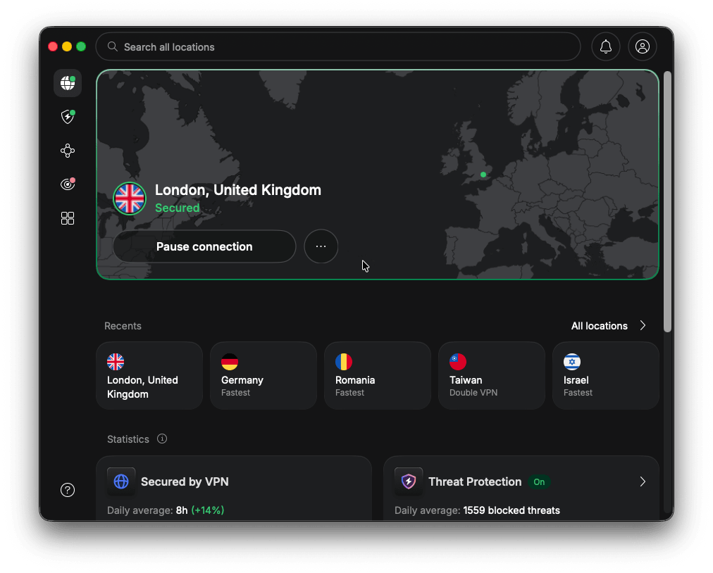 Aplicația NordVPN conectată la un server din Marea Britanie, status conectat