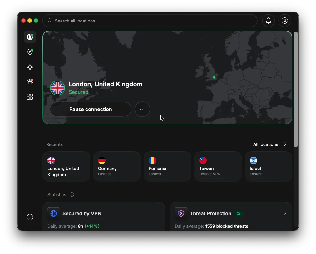 Aplicația NordVPN conectată la un server din Marea Britanie, conexiune activă